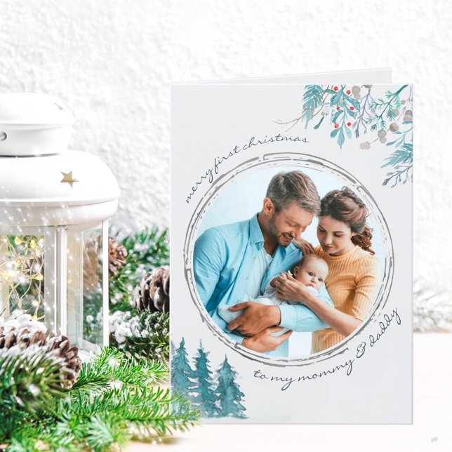 Tarjeta Festiva Primera foto de bebé en el bosque invernal de Navi (Subido por el creador)