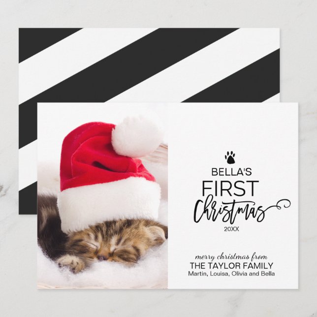 Tarjeta Festiva Primera foto navideña del gato del árbol de Navida (Anverso / Reverso)
