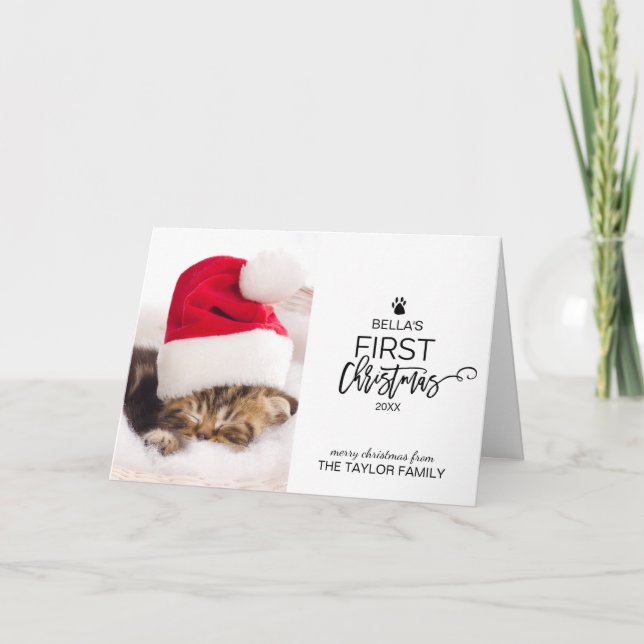 Tarjeta Festiva Primera foto navideña del gato del árbol de Navida (Anverso)