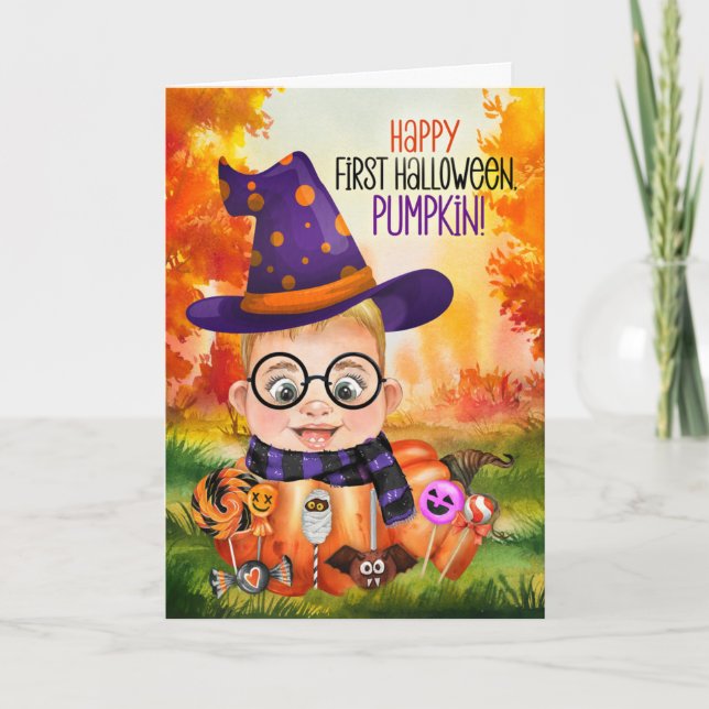 Tarjeta Festiva Primera Halloween del Baby Boy Wizard (Anverso)