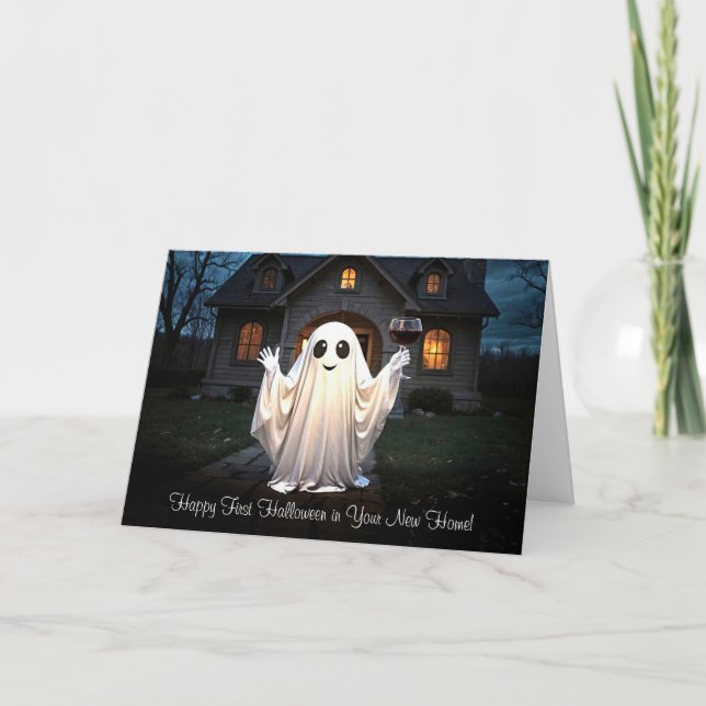 Tarjeta Festiva Primera Halloween en nuevo hogar lindo vino fantas (Anverso)