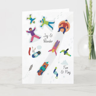 Tarjeta Festiva Primera Nieve Niños de Invierno Jugando Ángeles de