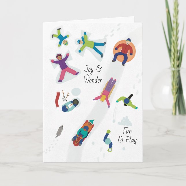 Tarjeta Festiva Primeros niños de invierno con nieve jugando ángel (Anverso)