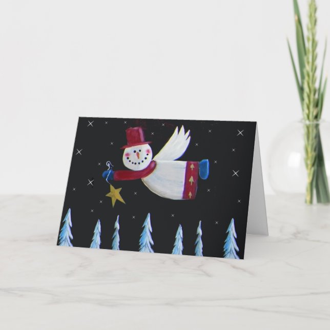 Tarjeta Festiva Primitivas Navidades Snowman Angel (Anverso)