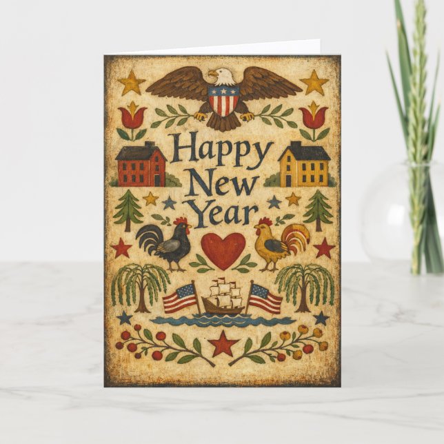 Tarjeta Festiva Primitive Americana Folk Art New Year (Anverso)