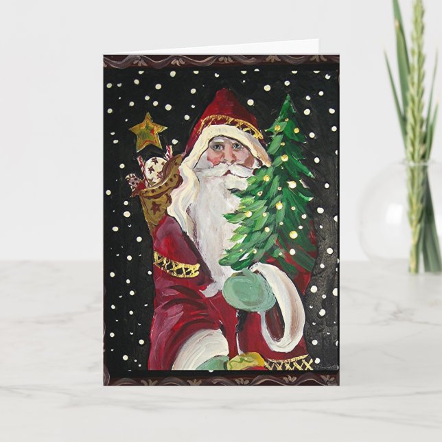 Tarjeta Festiva Primitive Santa & Toys de antaño (Anverso)