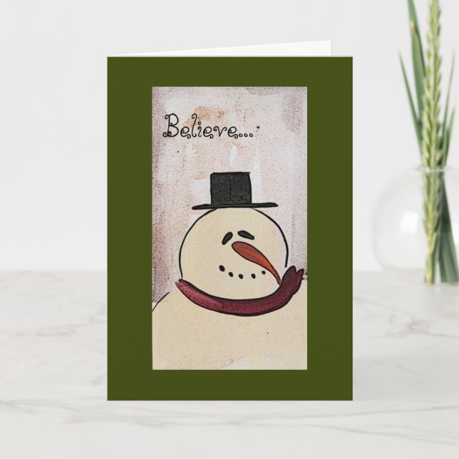 Tarjeta Festiva Primitivo Navidades de Snowman pintados (Anverso)