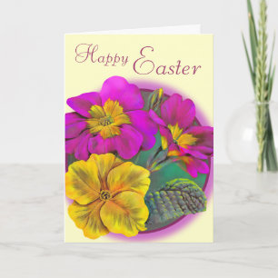 Tarjeta Festiva Primula Happy Easter crema rosa