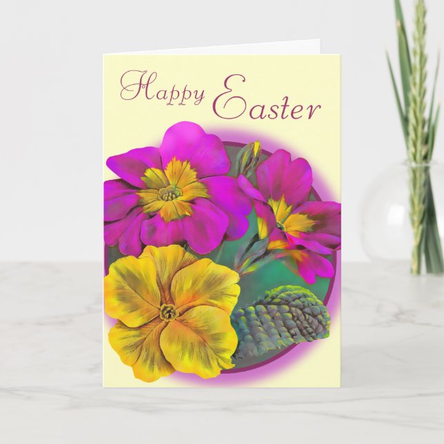 Tarjeta Festiva Primula Happy Easter crema rosa (Anverso)