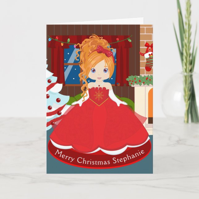 Tarjeta Festiva Princesa Navidades del cabello rojo (Anverso)