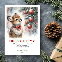 Tarjeta Festiva Printable Baby Fawn Christmas Scene Watercolor