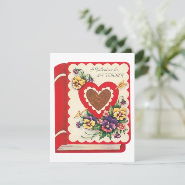 Tarjeta Festiva Profesora Valentine, corazones de libros antiguos  (Anverso de pie)