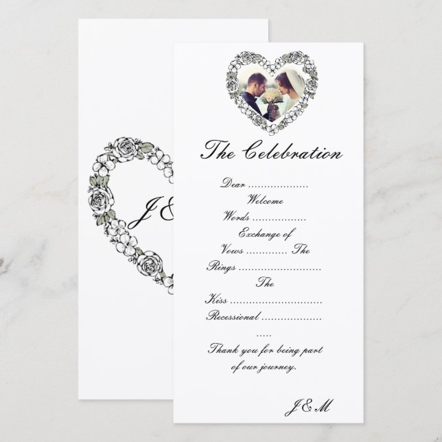 Tarjeta Festiva Programme de mariage noir et blanc coeur florale (Anverso / Reverso)