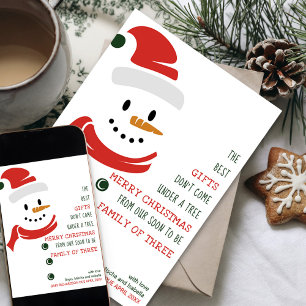 Tarjeta Festiva Pronto Familia de Tres Muñeco de Nieve Embarazo