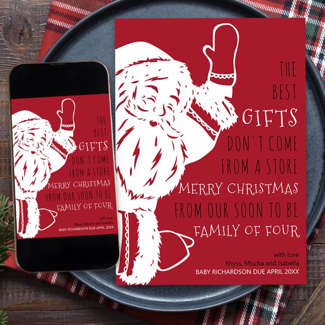 Tarjeta Festiva Pronto ser familia de cuatro embarazos en Santa Ma (Santa Rhyme Holiday Card and Pregnancy Announcement for your soon to be family of four)