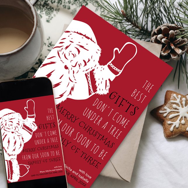 Tarjeta Festiva Pronto ser familia de tres embarazos en Santa (Santa Rhyme Holiday Card and Pregnancy Announcement for your soon to be family of three)