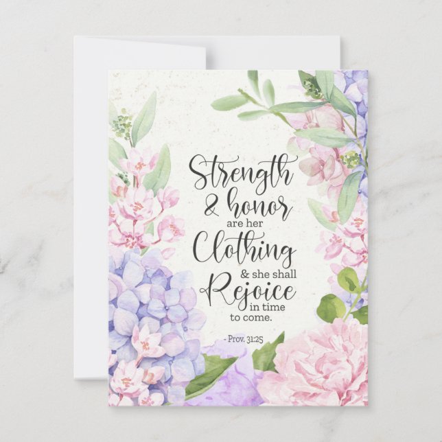 Tarjeta Festiva Proverbios 31:25 - Fuerza y honor (Anverso)