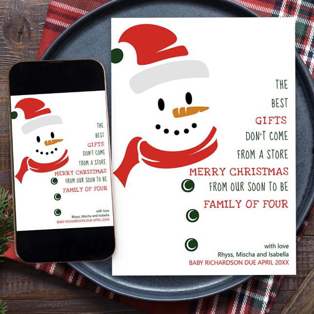 Tarjeta Festiva Próximamente familia de cuatro embarazos de Snowma (Snowman Rhyme Holiday Card and Pregnancy Announcement for your soon to be family of four)