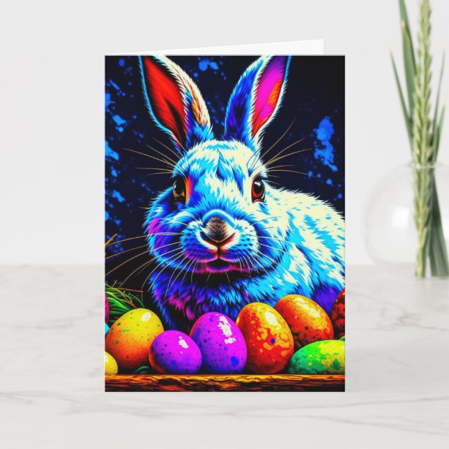 Tarjeta Festiva Psicodélico conejo de Pascua con huevos (Anverso)