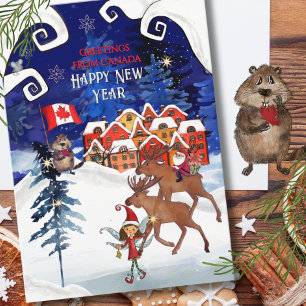 Tarjeta Festiva Pueblo Canadiense Caprichoso y Año Nuevo de Alce