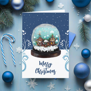 Tarjeta Festiva Pueblo de invierno de bola de nieve de vidrio azul