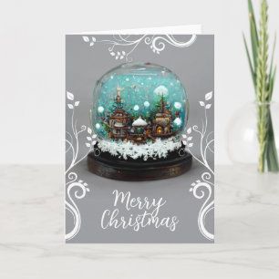 Tarjeta Festiva Pueblo de invierno de bolas de nieve de vidrio Nav