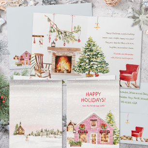 Tarjeta Festiva Pueblo de Invierno Rosa Acuarela Gato Acogedor Nav