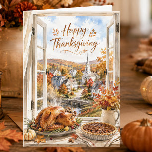 Tarjeta Festiva Pueblo de Nueva Inglaterra en Otoño Feliz Día de A
