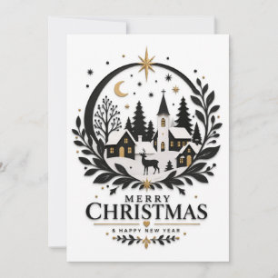 Tarjeta Festiva Pueblo de papel recortado negro y dorado