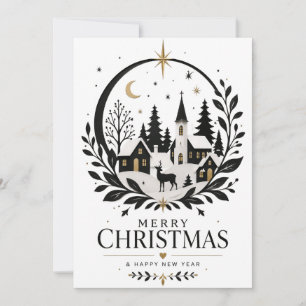 Tarjeta Festiva Pueblo de papel recortado negro y dorado