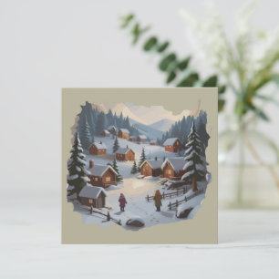 Tarjeta Festiva Pueblo invernal navideño retro montañas árboles 90