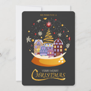 Tarjeta Festiva Pueblo navideño escandinavo en bola de nieve dorad