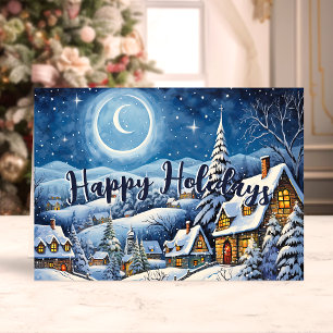 Tarjeta Festiva Pueblo Navideño Nevado Bajo la Luna