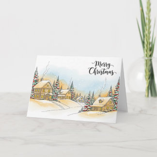 Tarjeta Festiva Pueblo navideño nevado con cabañas invernales acog