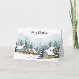 Tarjeta Festiva Pueblo navideño nevado con cabañas invernales acog