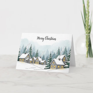 Tarjeta Festiva Pueblo navideño nevado con cabañas invernales acog
