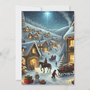 Tarjeta Festiva Pueblo navideño nevado con ventanas iluminadas y e