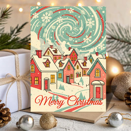 Tarjeta Festiva Pueblo navideño nevado retro tormenta de nieve