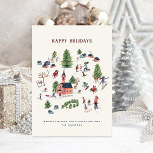 Tarjeta Festiva Pueblo navideño nórdico minimalista adorable