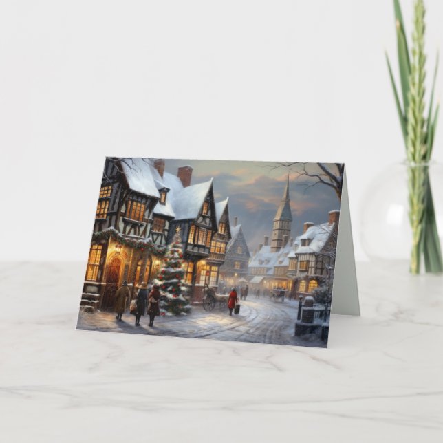Tarjeta Festiva Pueblo navideño vintage (Anverso)
