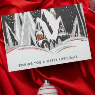 Tarjeta Festiva Pueblo navideño vintage Art Deco vacaciones retro
