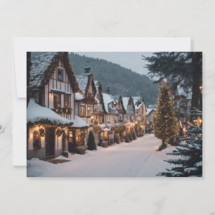 Tarjeta Festiva Pueblo navideño vintage en una noche nevada