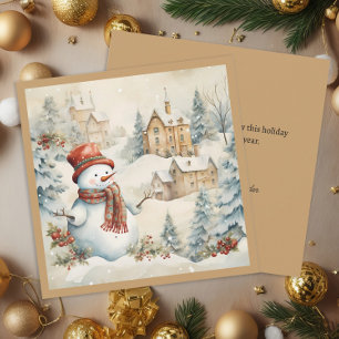 Tarjeta Festiva Pueblo nevado de hombre de nieve navideño vintage