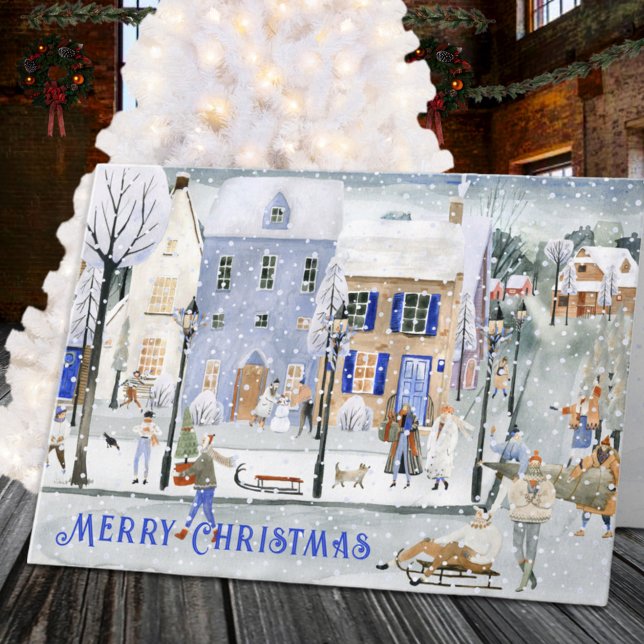 Tarjeta Festiva Pueblo nórdico con nieve alberga Navidades ocupado (Snowy Nordic Village Houses Busy Christmas Winter Holiday Card)