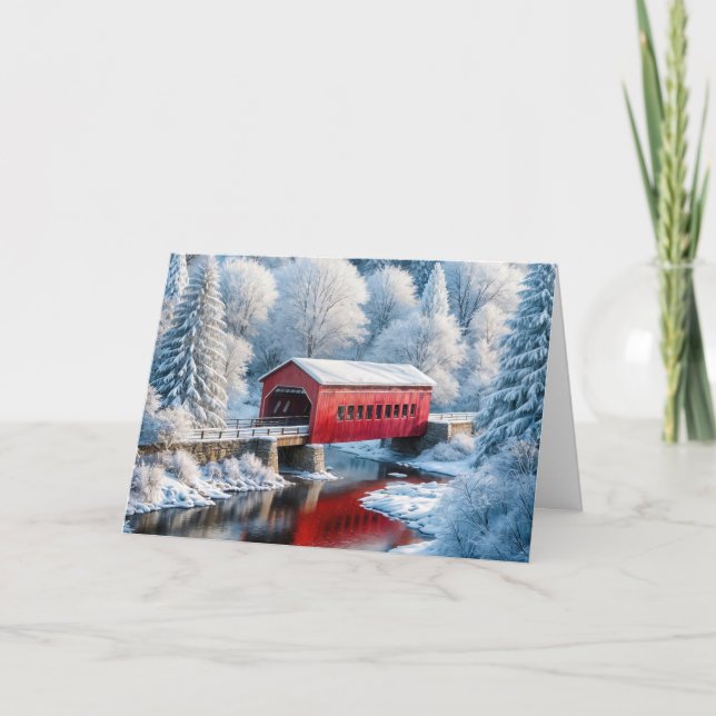 Tarjeta Festiva Puente cubierto de rojo navidades en bosque invern (Anverso)