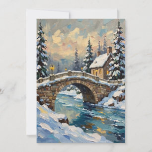 Tarjeta Festiva Puente Navideño Antiguo con Nieve sobre Río Congel