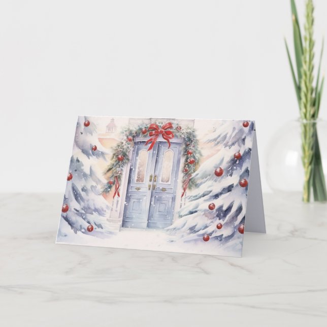 Tarjeta Festiva Puerta de invierno acuarela con adornos navideños (Anverso)