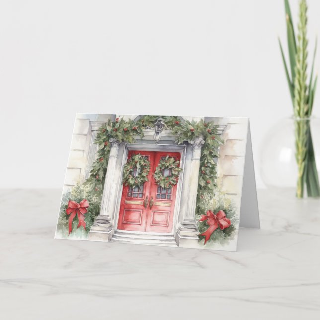 Tarjeta Festiva Puerta de Navidades rojos acuarela (Anverso)