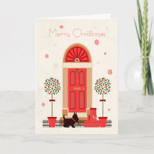 Tarjeta Festiva Puerta Retro con Perro Negro Terrier para Navidade