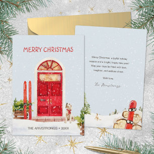 Tarjeta Festiva Puerta Roja Acuarela Acogedora Perro de Esquí Navi